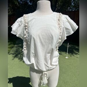 INC International Concepts Cream Ruffled Cap Sleeve T-Shirt